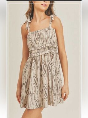 Lush Tie-Shoulder Zebra Print Mini Dress in Cream and Taupe